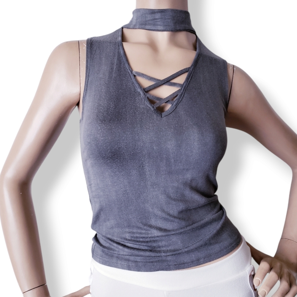 Ambiance Gray Tie Dye Acid Wash Criss-Cross V-Neck Choker Top